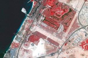 The photograph uses false colours to represent certain types of areas. Vegetation is marked in red. Courtesy Dubai Media Office